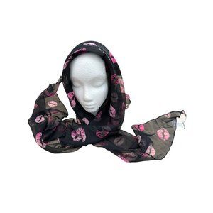 Vintage Scarf, Shawl, Wrap Black Polyester With Pink Lip Prints  72”x48”